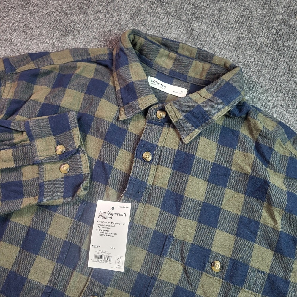 Sonoma Goods For Life Mens Supersoft Flannel Shirt Olive Navy Blue Plaid Size M